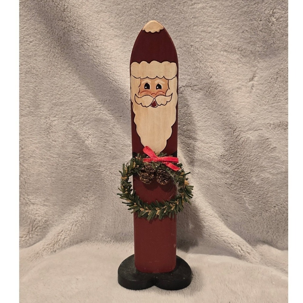 Vintage Primitive Wooden Santa‎ Claus Figurine Heart Base Christmas Decor 8.5 in
